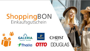 Shoppingbon Einkaufsgutschein mit Markenlogos von Galeria, Tchibo, Christ, Thalia, Otto und Douglas